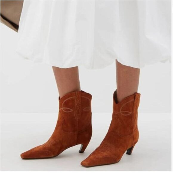 FSJ Brown Square Toe Comfort Kitten Low Heel Ankle Boot Pull On Dress Bootie - Picture 1 of 8